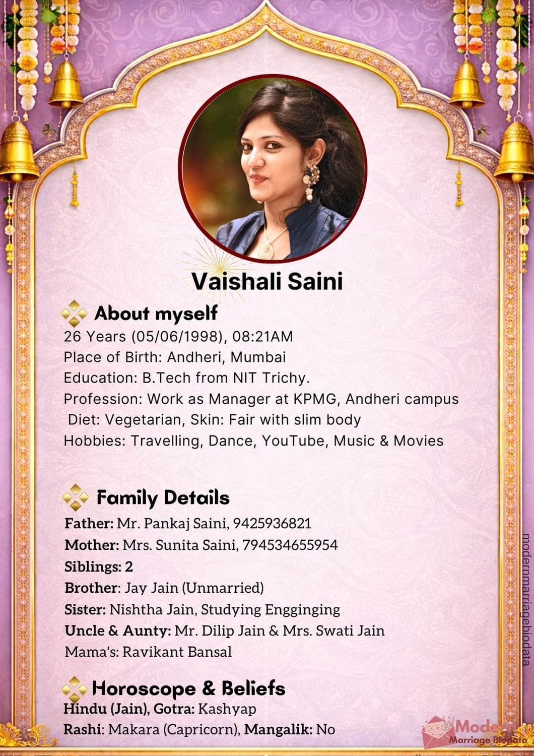 Classic Indian Marriage Biodata